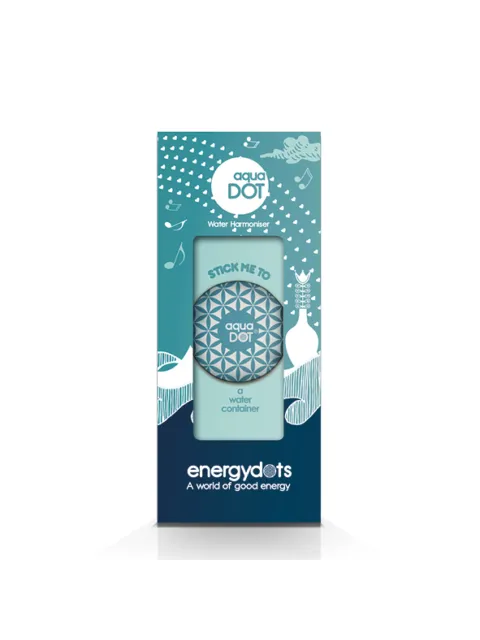 AquaDOT Water Harmoniser packaging with geometric design and text "Stick me to a water container".