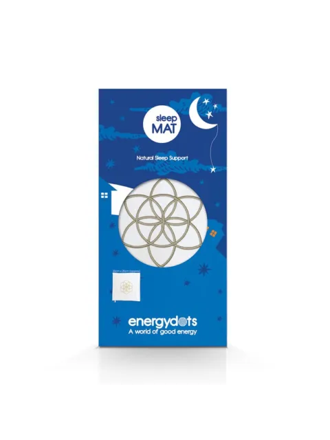 Blue packaging for sleep MAT, natural sleep support by energydots. Moon and stars design.