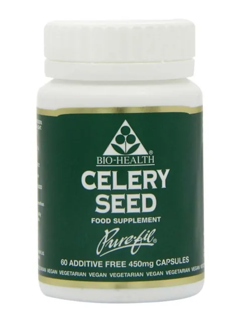 Bio-Health Celery Seed supplement, 60 additive-free 450mg capsules, vegan.
