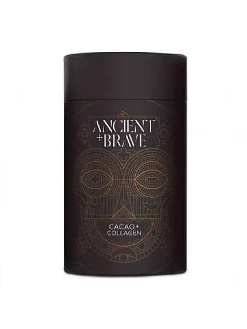 Black cylindrical container with "Ancient + Brave" and "Cacao + Collagen" text. Geometric design.