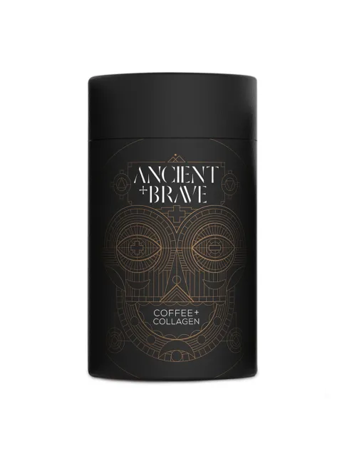 Black container with geometric design, labelled "Ancient + Brave Coffee + Collagen".