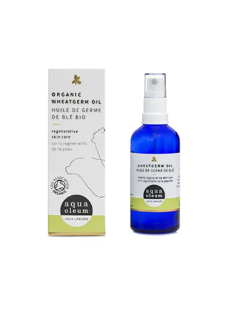 Organic wheatgerm oil bottle and box, Aqua Oleum branding.