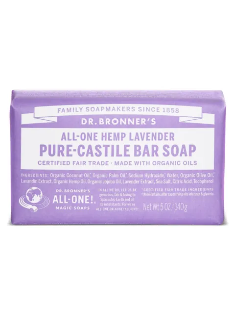 Dr. Bronner's lavender hemp soap bar, 140g, fair trade, organic oils, purple packaging.