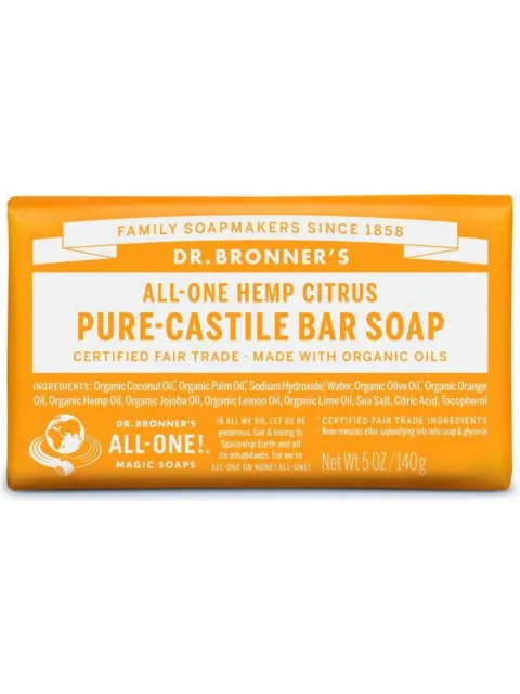 Dr. Bronner's Hemp Citrus Pure-Castile Bar Soap, 140g, organic ingredients, orange packaging.
