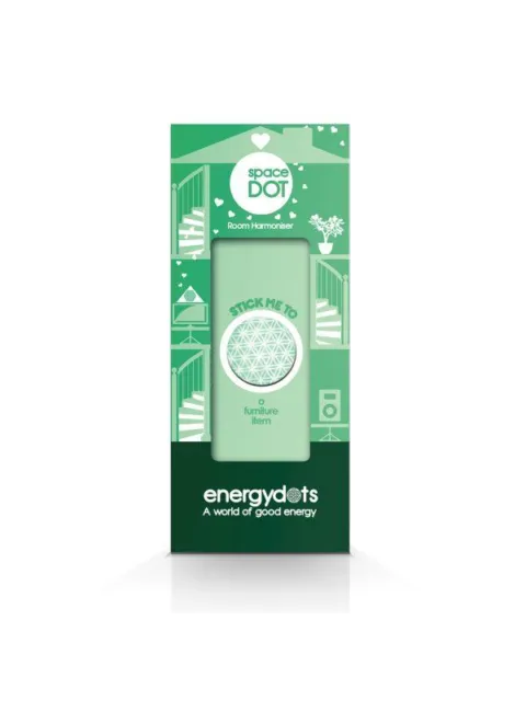 Green packaging for Space Dot Room Harmoniser by energydots. Text: "Stick me to a furniture item".