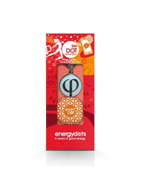 Red packaging for bioDOT and smartDOT energy booster. Text: "A world of good energy".