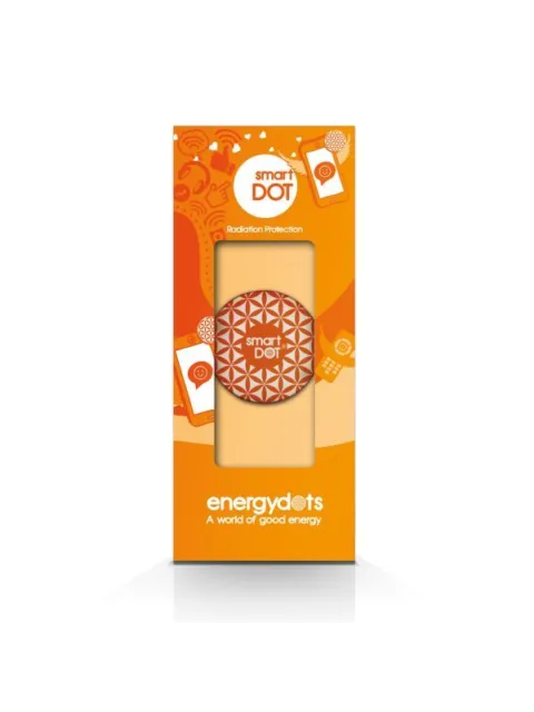 Orange packaging for smartDOT radiation protection device. Text: "energydots, A world of good energy".