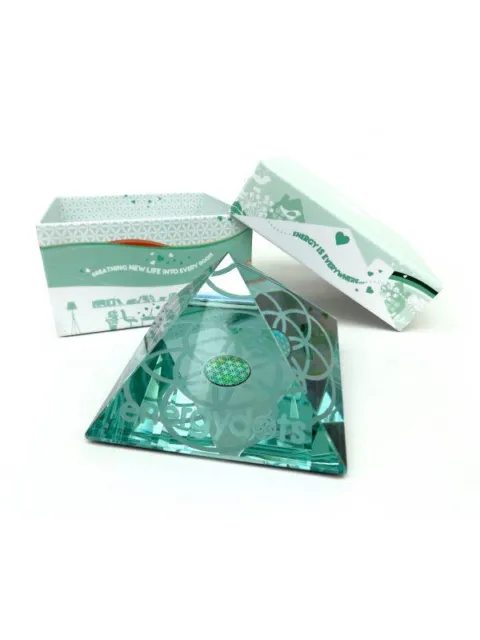 Green glass pyramid with geometric design, open box with text "Breathing new life into every room".