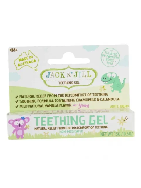 Jack N' Jill teething gel box, 15g, natural vanilla flavour, made in Australia, for 4M+ babies.