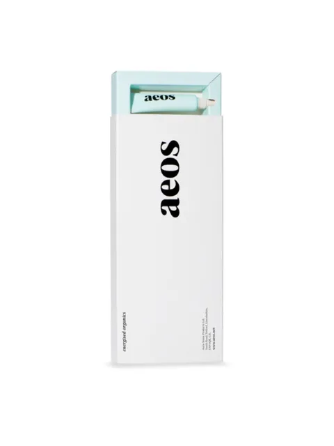 White box with "aeos" text, containing a light blue tube.