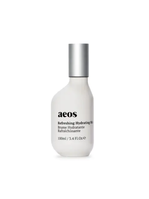 White bottle of aeos Refreshing Hydrating Mist, 100ml, with silver cap.