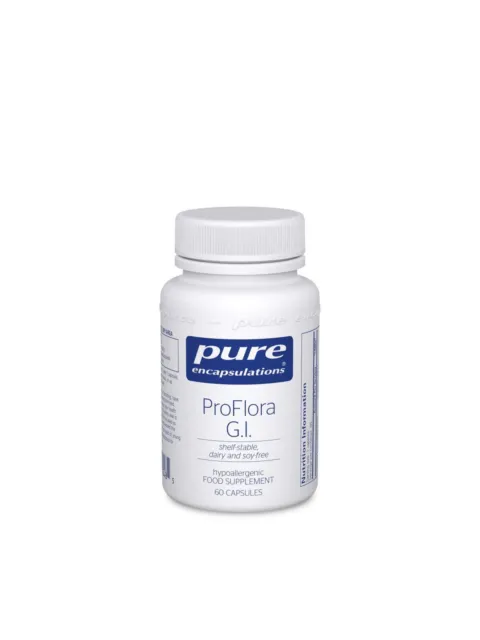 White bottle of Pure Encapsulations ProFlora G.I. supplement, 60 capsules, hypoallergenic.