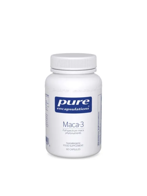White bottle of Pure Encapsulations Maca-3, 60 capsules, hypoallergenic food supplement.