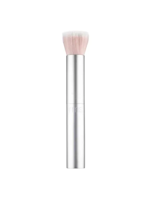 Silver makeup brush with white bristles, "rms" logo on handle.