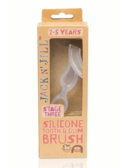 Jack N' Jill silicone tooth and gum brush for ages 2-5 in cardboard packaging.