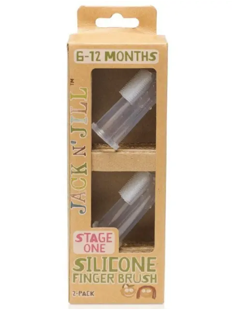 Jack N' Jill silicone finger brush, stage one, 6-12 months, 2-pack in cardboard box.
