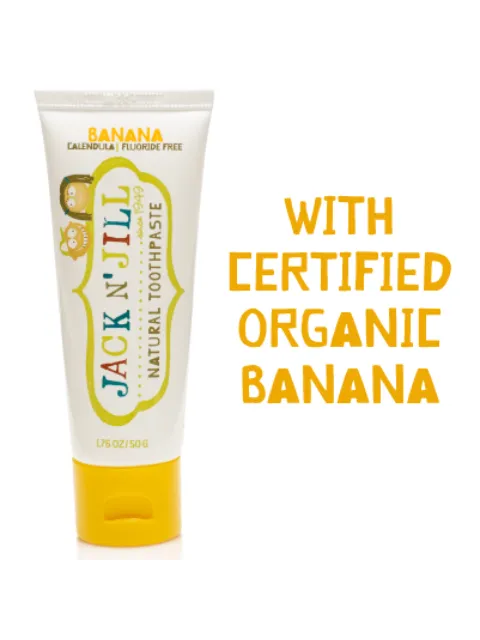 Jack N' Jill banana toothpaste, fluoride-free, 50g tube. Certified organic banana.