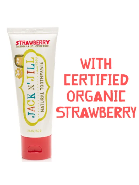 Jack N' Jill natural toothpaste, strawberry flavour, 50g tube. Certified organic strawberry.