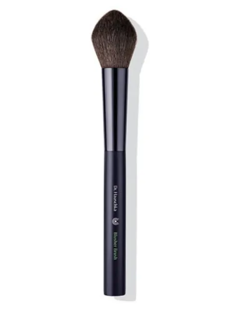 Makeup brush with dark bristles and black handle, labelled "Blusher Brush".