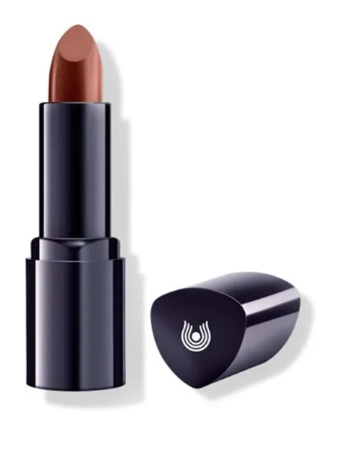 Dark lipstick with cap beside, featuring a logo on the cap.