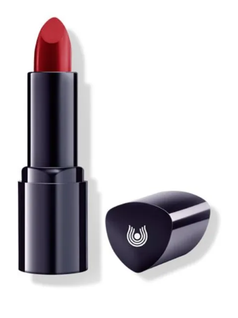 Red lipstick with black casing and cap featuring a white logo.