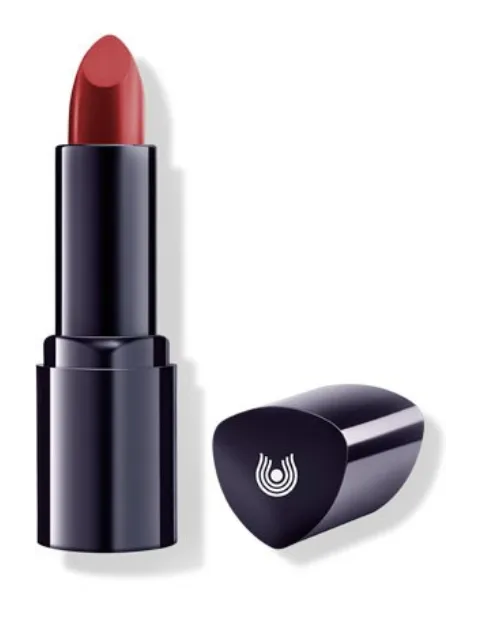 Red lipstick with black casing and logo on cap.