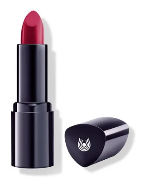 Red lipstick with black casing and logo on cap.