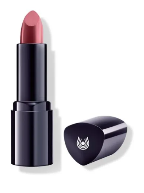 Open pink lipstick with black casing and cap featuring a white logo.