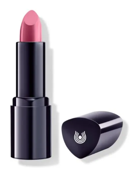 Pink lipstick with black casing and cap featuring a white logo.