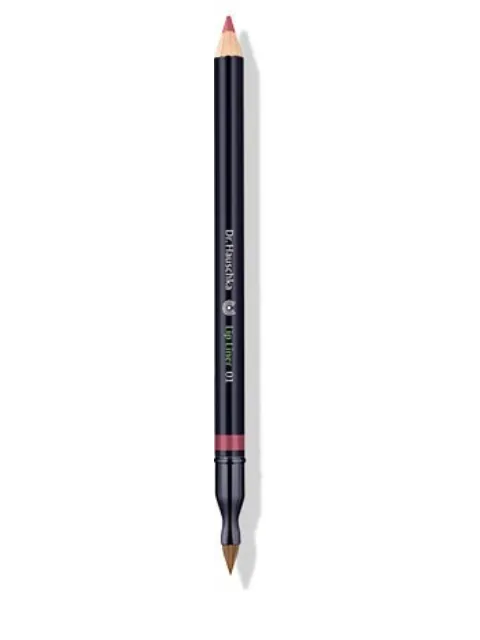 Black lip liner pencil with pink tip and brush, labelled "Dr. Hauschka Lip Liner 01".
