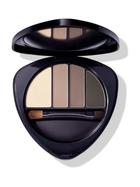Open eyeshadow palette with four neutral shades and a small applicator brush.