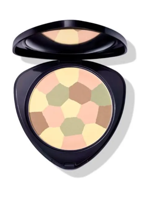 Compact with mosaic pattern of pastel powders in a black case.