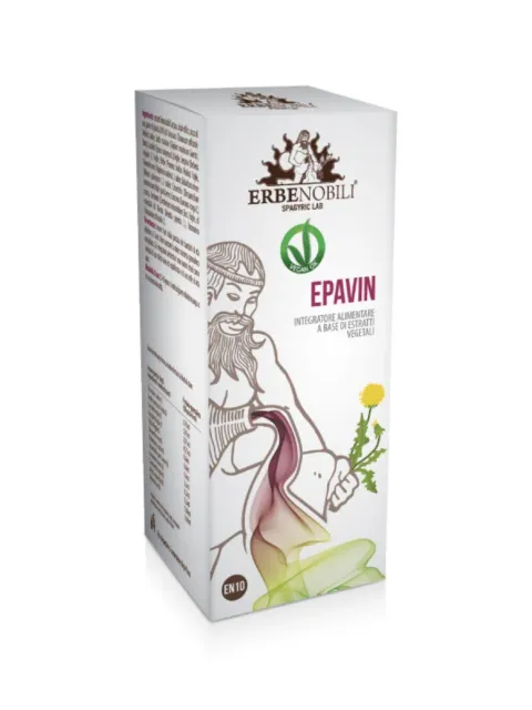 White box with "Erbenobili Epavin" and a bearded figure pouring liquid. Dandelion illustration.
