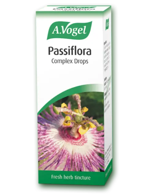 A. Vogel Passiflora Complex Drops box with passionflower image. Fresh herb tincture.
