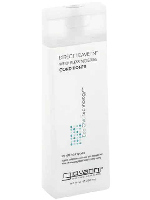 White bottle of Giovanni Direct Leave-In Conditioner, 250 ml, for all hair types.