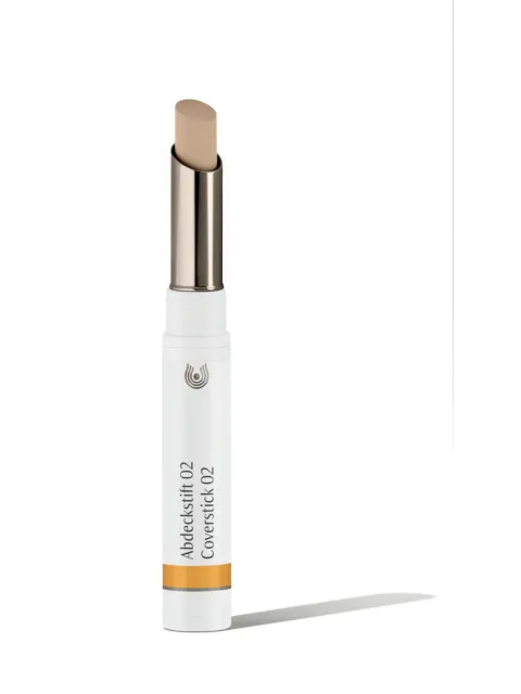 White cover stick labelled "Abdeckstift 02 Coverstick 02" with a beige tip.