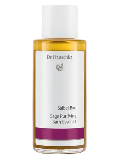 Dr. Hauschka Sage Purifying Bath Essence bottle with white cap.
