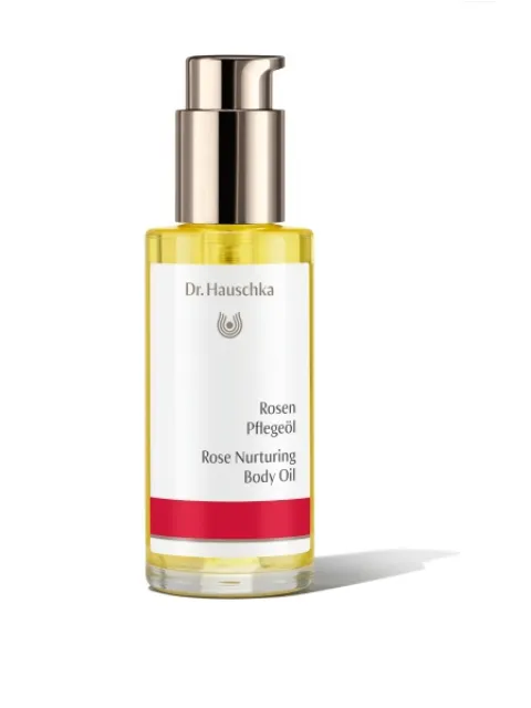 Dr. Hauschka Rose Nurturing Body Oil in a pump bottle.