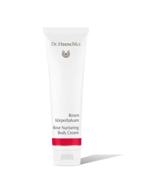 Dr. Hauschka Rose Nurturing Body Cream tube on white background.