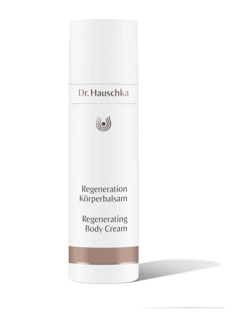 Dr. Hauschka Regenerating Body Cream bottle, white with brown band.