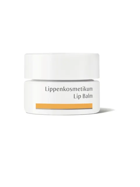 White jar labelled "Lippenkosmetikum Lip Balm" with orange stripe.