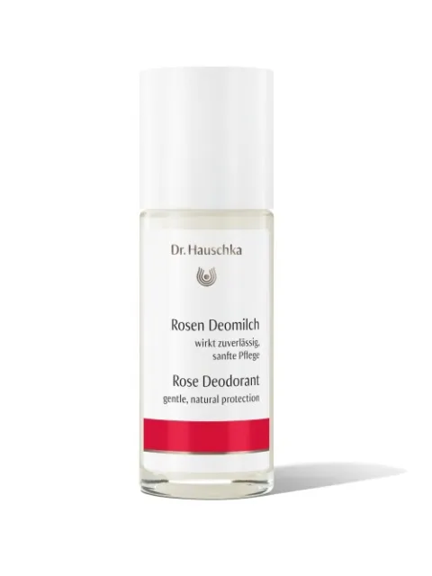Dr. Hauschka Rose Deodorant bottle with white cap and red label.