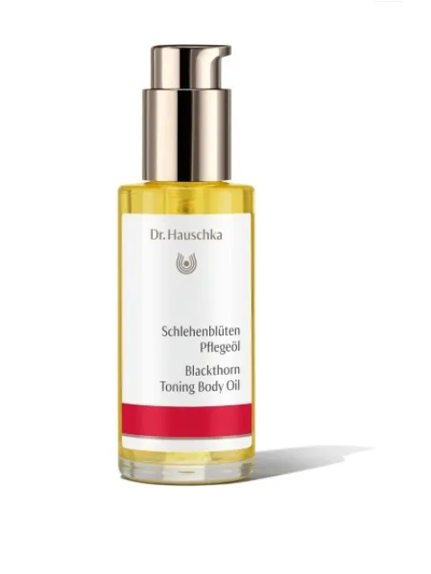Dr. Hauschka Blackthorn Toning Body Oil in a pump bottle.