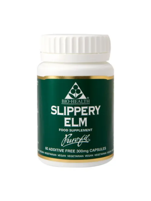 Bio-Health Slippery Elm food supplement, 60 additive-free 300mg capsules.