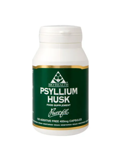 Bio-Health Psyllium Husk supplement bottle, 120 additive-free 400mg capsules.