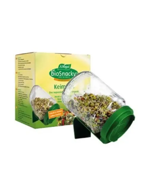 Sprouting jar with green lid and box labelled "A. Vogel bioSnacky".