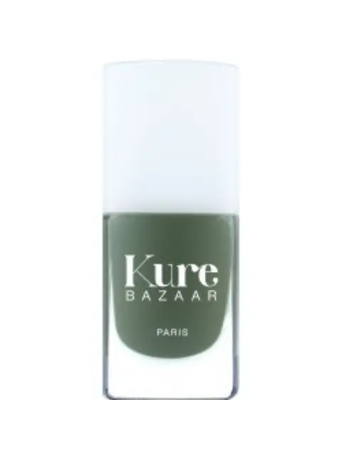 Kure Bazaar nail polish bottle, green shade, white cap.