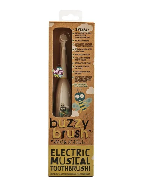 Buzzy Brush electric musical toothbrush for ages 3+, includes stickers, soft bristles, replaceable head.