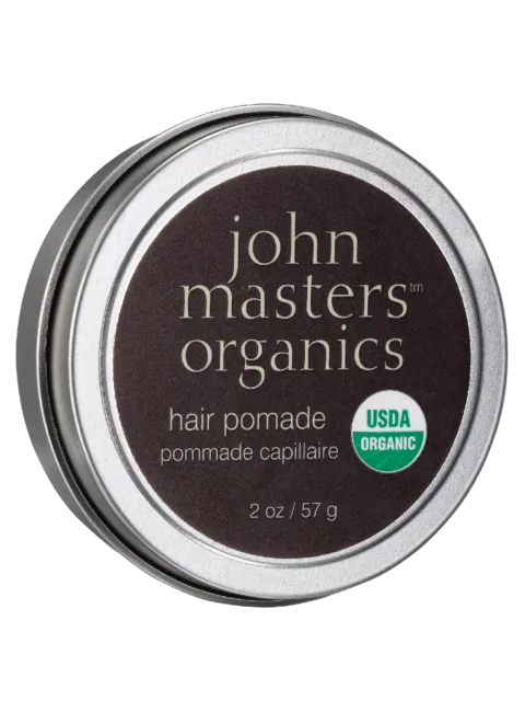 John Masters Organics hair pomade tin, USDA Organic label, 57g.