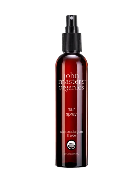 John Masters Organics hair spray bottle, 236 ml, with acacia gum and aloe. USDA Organic label.